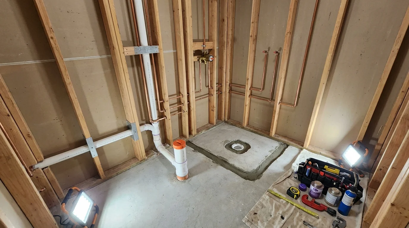 Bathroom rough-in plumbing during remodel by Johns Plumbing LLC in Hanford