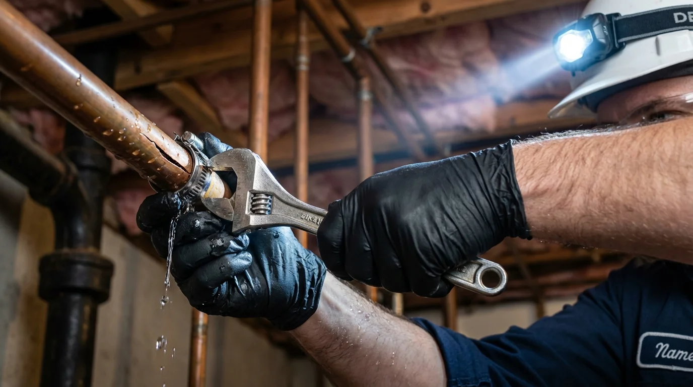 Emergency pipe clamp repair being performed by a Johns Plumbing LLC plumber in Hanford