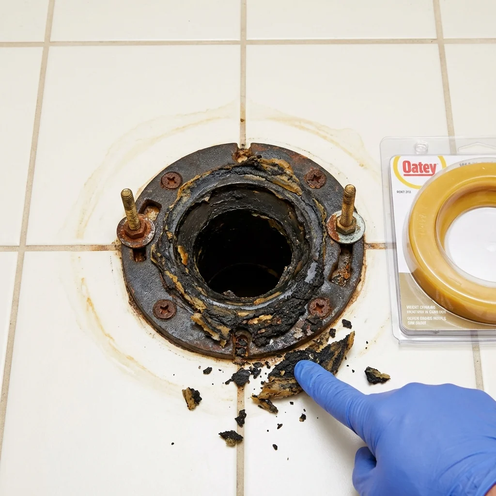 Failed wax ring showing water seepage at the base of a toilet in a Hanford, CA home
